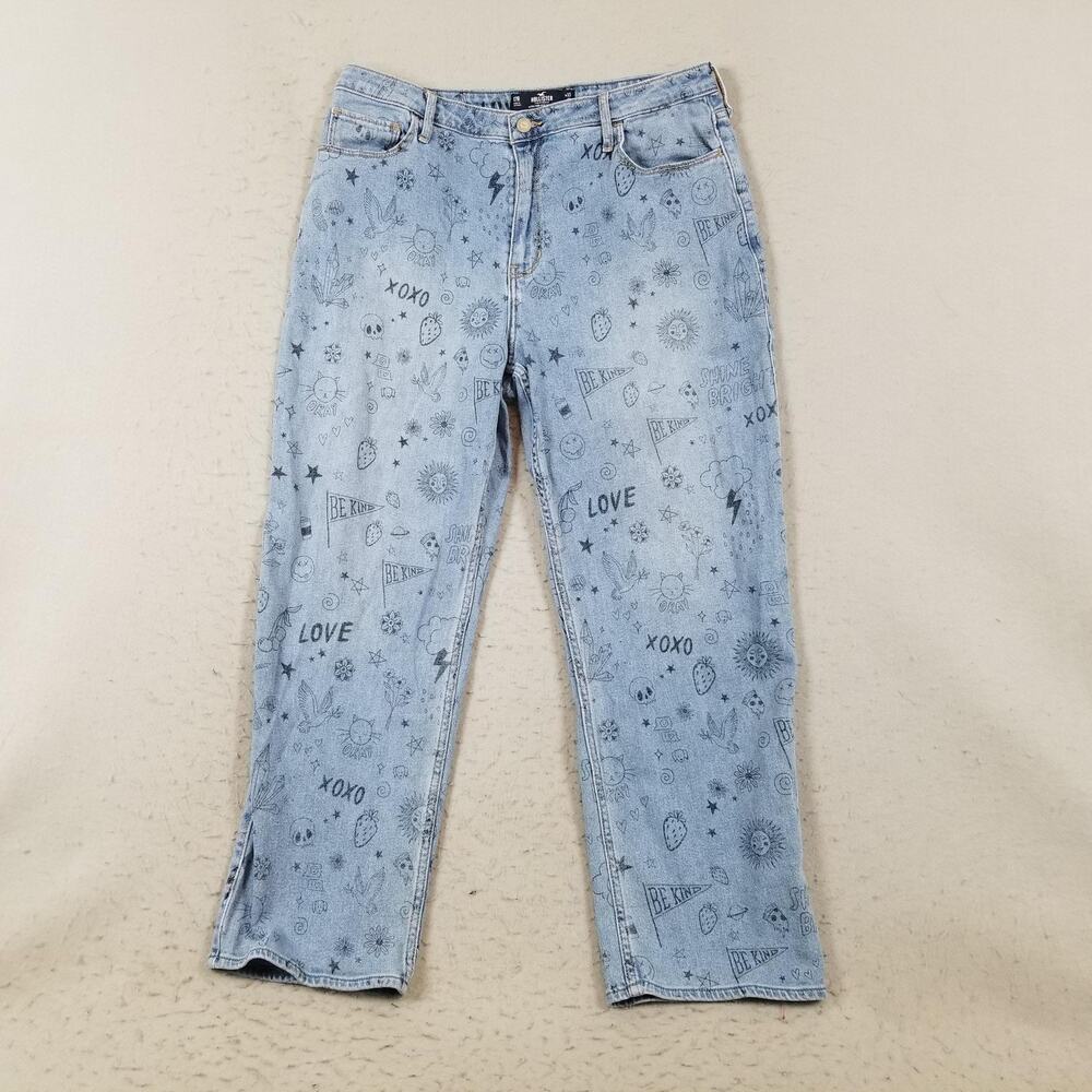 Hollister Jeans Womens 17R 33x31 Light Wash Ultra High Rise Dad‎ Doodle Print